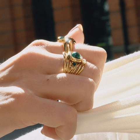 Anillo Aperto Retrò In Acciaio Inossidabile Placcato Oro 18K Per Donna Con Malachite Verde Gioielli Geometrici Cavi