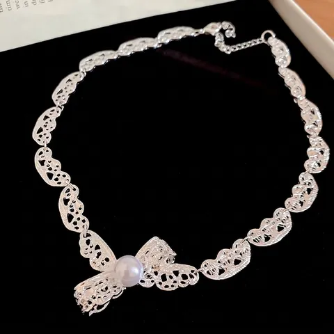 Collana Di Künstliche Perle Con Fiocco In Pizzo Cavo In Lega Per Donna Gioielli Con Ciondolo A Nastro Argentato Vintage Elegante