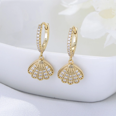 925 Sterling Silver Shell Dangle Earrings For Women Rhinestone Fan Shaped Geometric Hoop Earrings Fashion Jewelry Gift