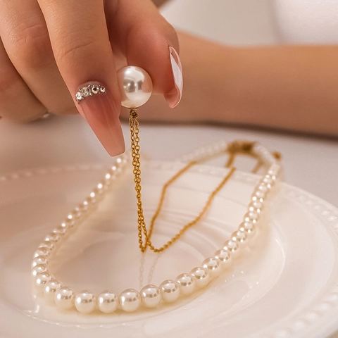French Retro Layered Stainless Steel Artificial Pearl Necklace For Women 18K Gold Plated Vintage Elegant Clavicle Chain Jewelry