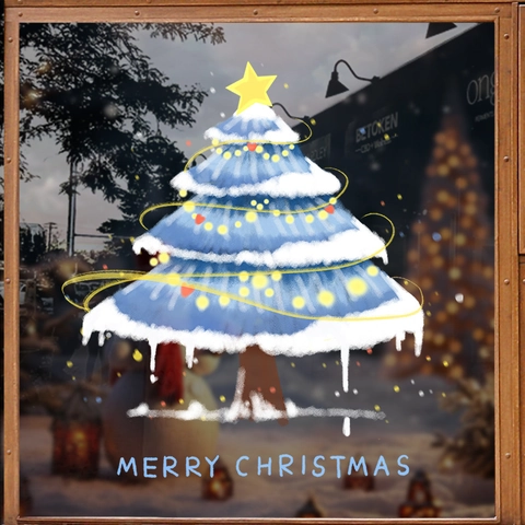 Blue Christmas Tree Window Cling Sticker Static PVC Double Sided Glass Door Decal Holiday Decoration Hand Drawn