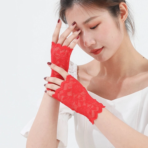 Guanti Senza Dita Pizzo Rosa Floreale Mesh Protezione Solare Traspirante Per Donne Guida Matrimonio Festa Bordo Festonato