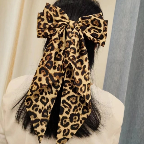 Leopard Bow Haarspange Mit Langem Band Große Satin Stoff Feder Haarnadel Pferdeschwanz Halter Für Frauen Mädchen
