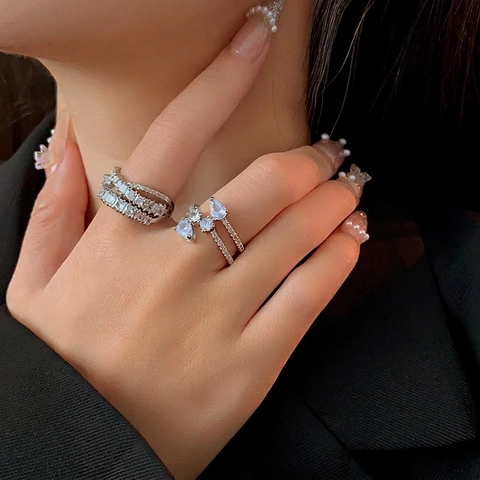 Kupferner Offener Ring Zirkonia Wassertropfen Quadrat Mehrlagig Kreuz Verstellbar Damen Luxus Mode Schmuck Accessoire