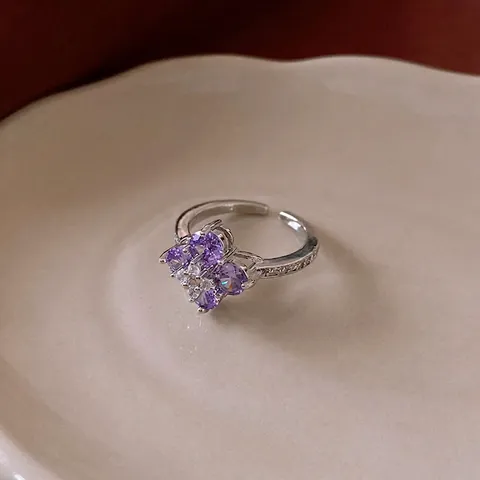 Blumen Zirkonia Ring Kupfer Mit Lila Herzförmigen Stein Verstellbarer Offener Fingerschmuck Elegantes Design Damen
