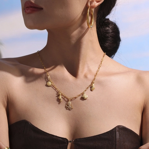 Oceaan Thema Roestvrijstalen Ketting Met Zirkoon Octopus Schelp Zeepaardje Hangers Paperclip Ketting Strand Sieraden Voor Dames