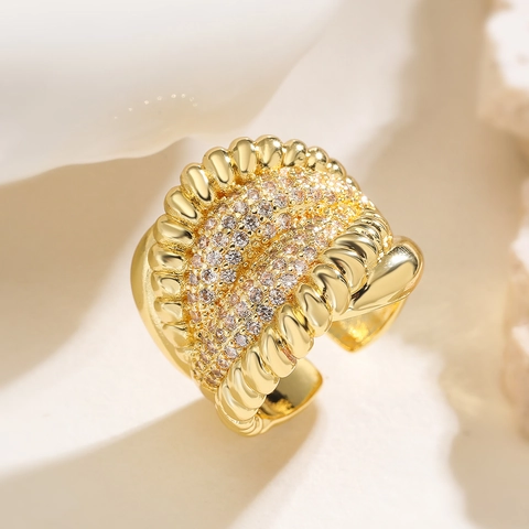 Breitband Offener Ring Kupfer 18K Vergoldet Zirkon Mehrlagig Geometrisch Verstellbar Vintage Schmuck Für Damen