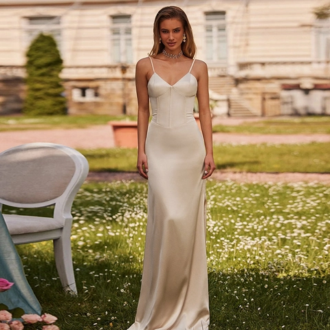 Elegante Abito Lungo In Raso Con Spalline Sottili Corpino A Corsetto Spacco Alto Vestito Da Sera Per Donna Festa