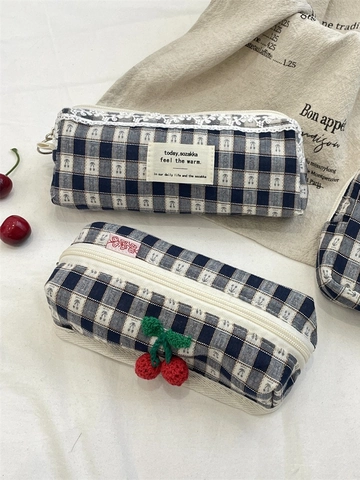 Kawaii Gingham Checkered Canvas Makeup Bag Pencil Case Crochet Cherry Pendant Lace Trim Zipper Organizer Pouch