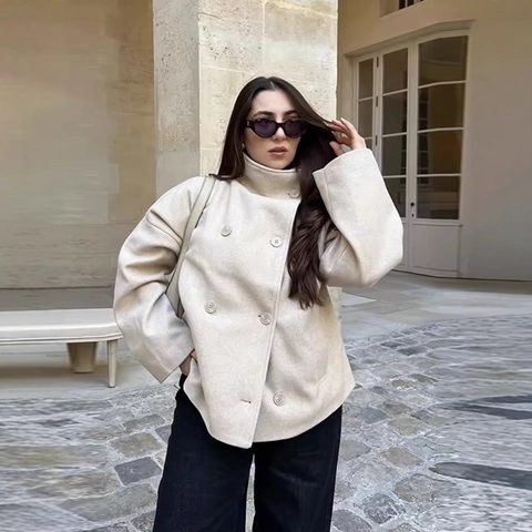 Women Short Woolen Coat Double Breasted Stand Collar Loose Fit Casual Winter Jacket Elegant Solid Color Outwear