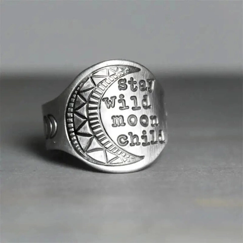 Retro Alloy Signet Ring Stay Wild Moon Child Engraved Crescent Moon Phases Bohemian Vintage Jewelry For Women Men