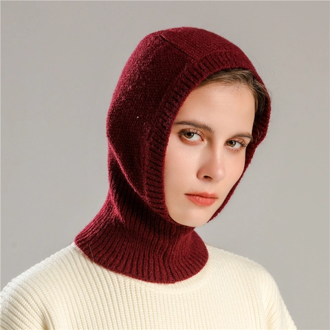 Winter Balaclava Hat Rib Knit Integrated Scarf Hooded Neck Warmer Solid Color Windproof Ear Protection For Men Women