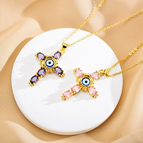 Böser Blick Kreuz Anhänger Halskette Kupfer Gold Überzogen Mit Bunten Zirkonia Inlay Mode Schmuck Für Frauen