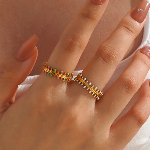 Fishbone Open Ring 18K Gold Plated Stainless Steel Colorful Enamel Adjustable Sawtooth Jewelry For Women