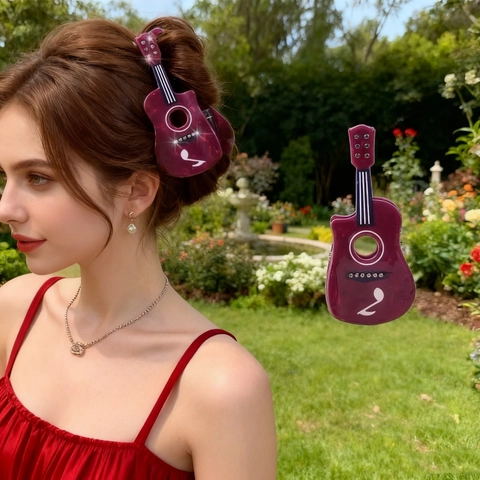 Guitar Shaped Hair Claw Clips Acetate PVC Rhinestone Note Pattern Music Festival Accessory For Women Girls