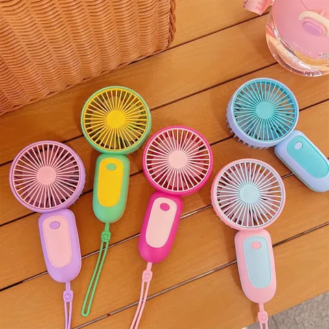 Mini Handheld Fan USB Rechargeable Portable Plastic Contrast Color With Lanyard Cute Summer Cooling Tool