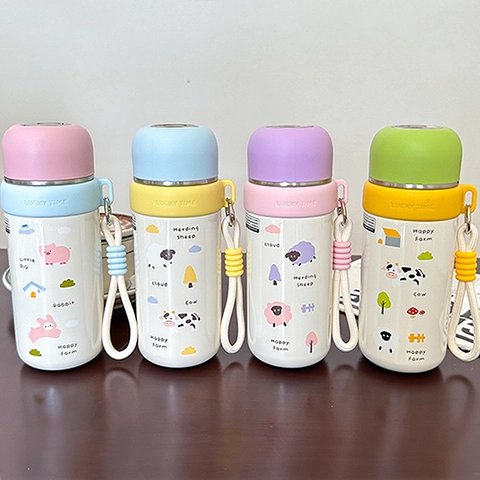 Cartoon Animal Insulated Water Bottle 316 Stainless Steel Vacuum Flask With Portable Strap Dual Use Lid For Kids Students