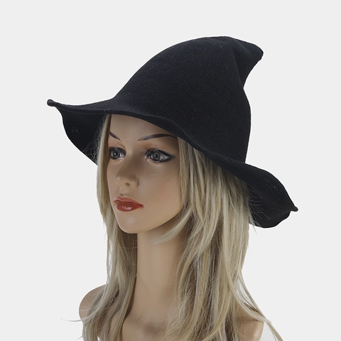 Women Knitted Cotton Witch Hat Pointed Crown Wide Brim Wizard Cap For Halloween Party Casual Sun Protection