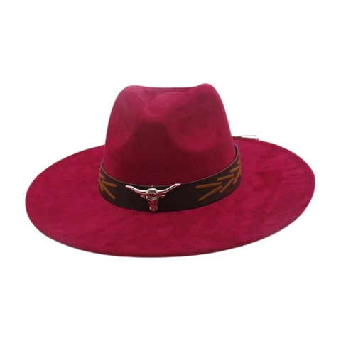 Western Cowboy Hat Wide Brim Suede Woolen Felt Metal Bull Head Buckle Leather Band Retro Ethnic Style Fedora Men Women