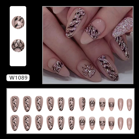 Almond Press On Nails Champagne Leopard Print Glitter Paw Pattern Y2K Spicy Girl Ins Style Manicure Art