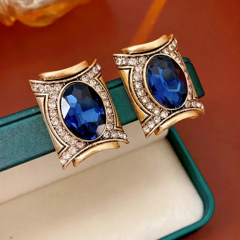 Orecchini Ovali Stile Palazzo Vintage In Vetro Blu Con Silver Earring Post Strass Lega Oro Barocco Gioielli