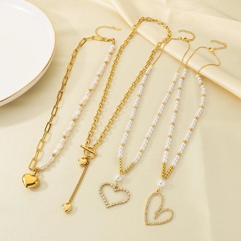 Heart Pendant Necklace Stainless Steel Artificial Pearl Stitching Multilayer Link Paperclip Chain Elegant Jewelry For Women