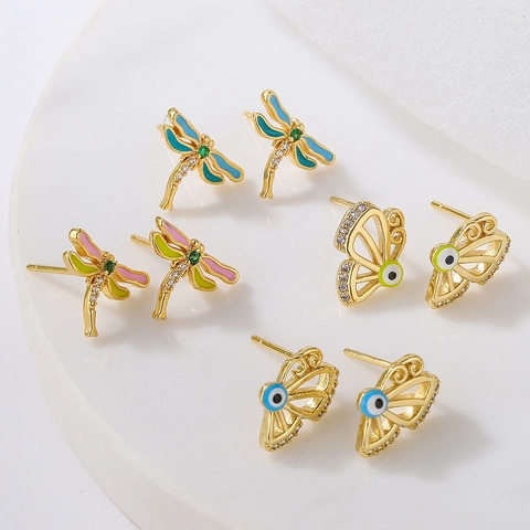 Butterfly Dragonfly Stud Earrings 18K Gold Plated Copper Enamel Zircon Evil Eye Delicate Jewelry For Women