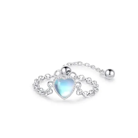 Heart Moonstone Adjustable Chain Ring 925 Sterling Silver Dainty Elegant Minimalist Hand Jewelry For Women