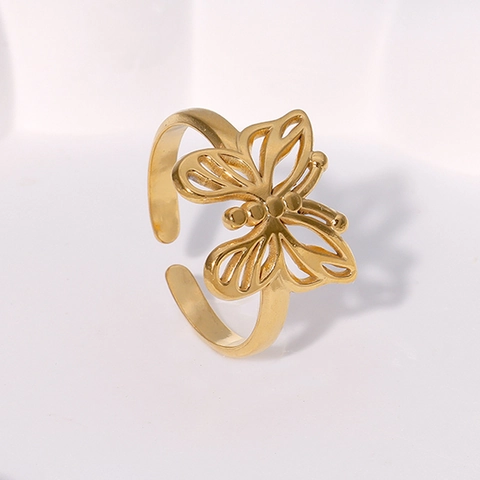Hollow Butterfly Open Ring Stainless Steel 18K Gold Plated Adjustable Elegant Sweet Fashion Jewelry For Women