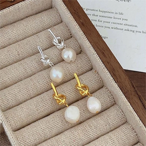 Knot Pearl Drop Earrings With 925 Sterling Silver Earring Post Baroque Freshwater Pearl French Elegant Minimalist Jewelry