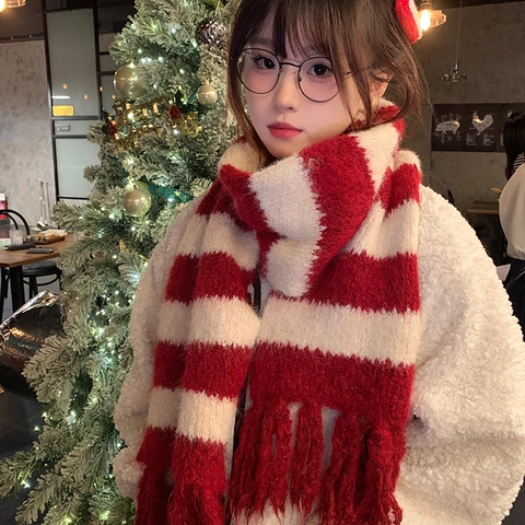 Écharpe D'Hiver Tricotée À Rayures Pour Femmes Doux Faux Cachemire Chaud Épais À Glands Cadeau De Noël Style Coréen