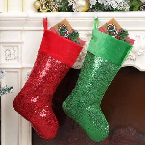 Christmas Stockings With Sparkling Sequins And Velvet Cuff Holiday Fireplace Hanging Xmas Tree Decor