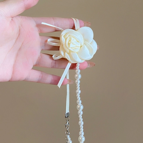 Camellia Blume Künstliche Perlen Choker Halskette Satin Stoff Schleife Französisch Elegant Romantisch Süß Schlüsselbeinkette Für Damen