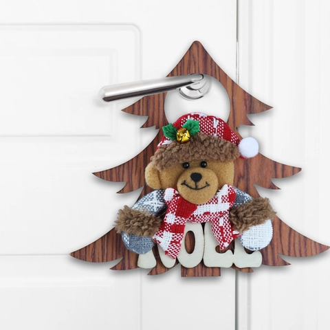 Christmas Wooden Hanging Ornaments Plush Santa Snowman Reindeer Bear Tree Shape Door Wall Decor Holiday Festive Bells