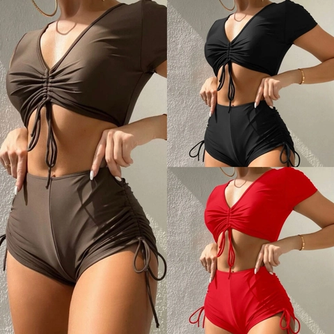 Costume Da Bagno Bikini In Poliestere Elastan Arricciato Manica Corta Scollo A V Coulisse Vita Alta Top E Pantaloncini