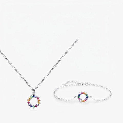 925 Sterling Silber Regenbogen Kreis Zirkonia Halskette Und Armband Schmuck Für Damen Mädchen Süßer Romantischer Stil