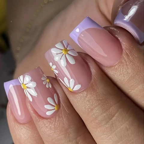 French Press On Nails Purple Tips Sunflower Pattern Short Square Plastic False Nails For Women Daily Wear