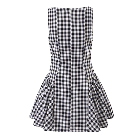 Women Sleeveless Gingham Mini Dress Cotton Polyester Blend Round Neck Bow Tie Back Zipper Summer Casual Lolita Style