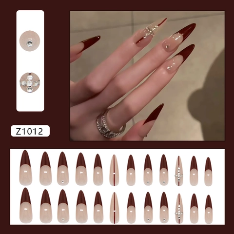 French Press On Nails Burgundy Red Long Stiletto With Cross Rhinestone Sparkling Glossy ABS Reusable Artificial Fingernails