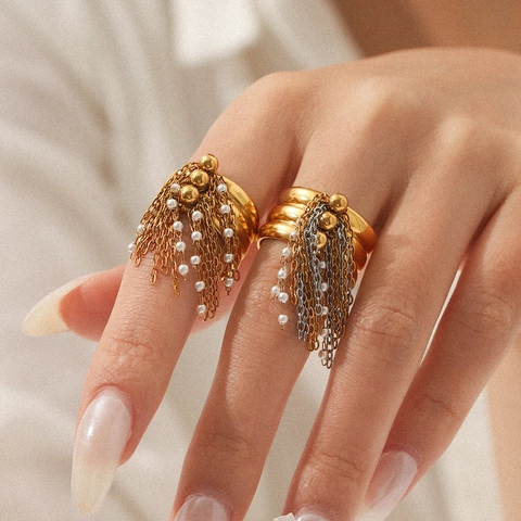 Tassel Open Ring Stainless Steel 18K Gold Plated Multi Layer Chain Faux Artificial Pearl Adjustable Finger Jewelry For Women