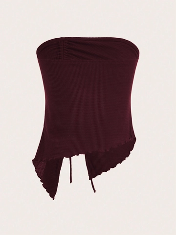 Women Strapless Tube Top Waffle Rib Knit Ruched Side Drawstring Irregular Asymmetric Hem Slim Fit Summer Streetwear Vest