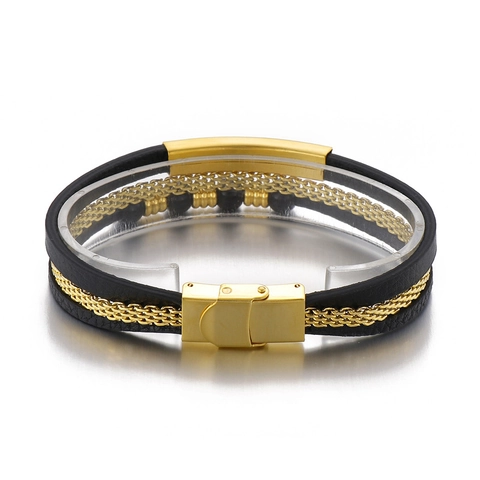 Men Multi-layer Braided Leather Stainless Steel Bracelet Stackable Punk Vintage Beads Magnetic Buckle Jewelry For Him