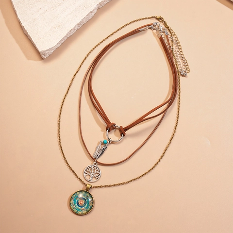 Boho Mehrlagige Halskette Legierung Harz Wildlederband Lebensbaum Feder Mandala Anhänger Retro Schmuck Für Damen