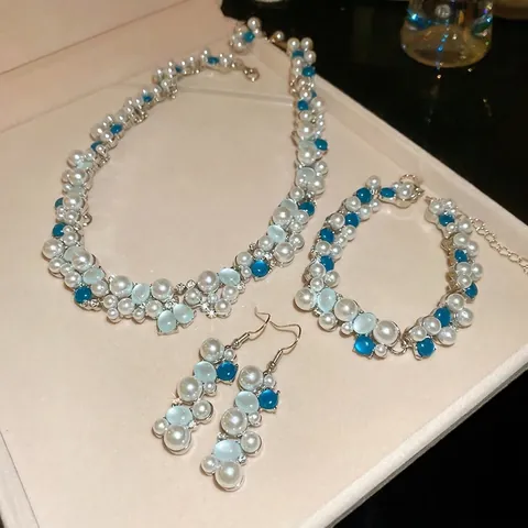 Elegante Conjunto De Joyas De Perlas Artificiales De Imitación Y Estrás Para Mujer Collar Pulsera Pendientes Cuentas Azules