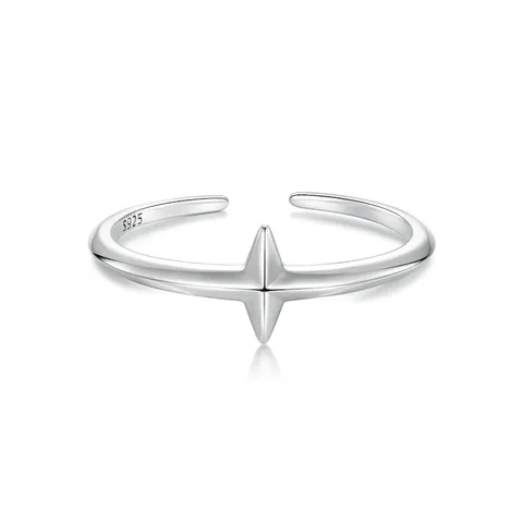 S925 Sterling Silver Minimalist Cross Open Ring Adjustable Three-Dimensional Four-Pointed Star Geometric Ring For Women
