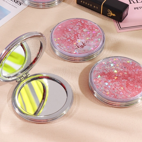 Portable Folding Makeup Mirror Double Sided Compact Magnifying Quicksand Glitter Metal Frame Handheld Travel Beauty Tool