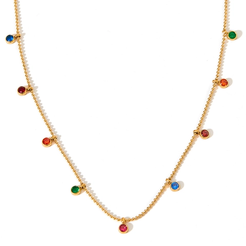 Stainless Steel Round Cubic Zirconia Station Necklace Colorful Bead Chain Jewelry Gift For Women