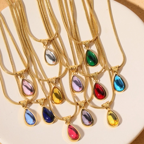 Geboortesteen Druppelketting Titanium Staal Verguld Glas Waterdruppel Hanger Mode Sieraden Dames
