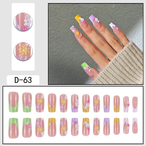 Press On Nails Macaron Colorful With 3D Flower French Style Long Square Artificial False Fingers For Women