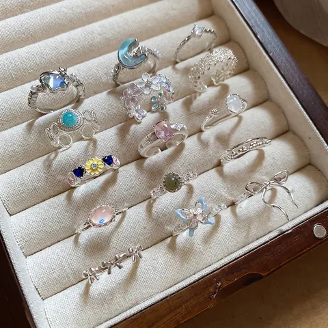 Anillo Abierto Ajustable Elegante Cobre Perla Artificial Circonita Flor Estrella Luna Joyas De Moda Vintage Para Mujer
